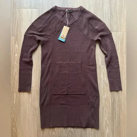 Prana Brown Long Sleeve Pocket Ribbed Knit Avalone Sweater Dress Size Small - Picture 3 of 8